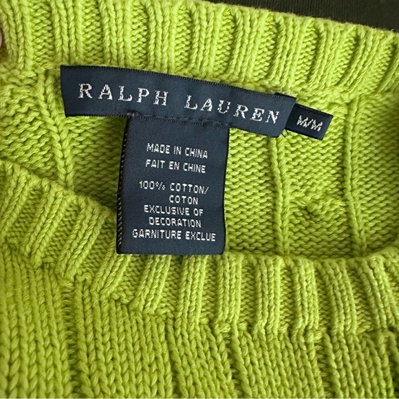 RALPH LAUREN Lime Green Cable Knit Cotton Sweater Women’s Preppy Pullover Size M - Picture 11 of 12